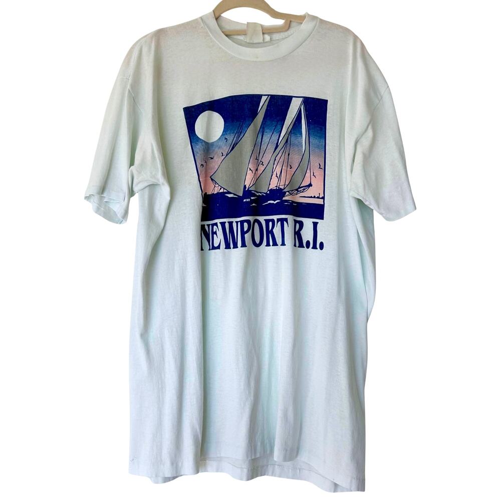 Vintage Newport RI Sailboat Graphic Tee Powder Blue Single Stitch Size Large